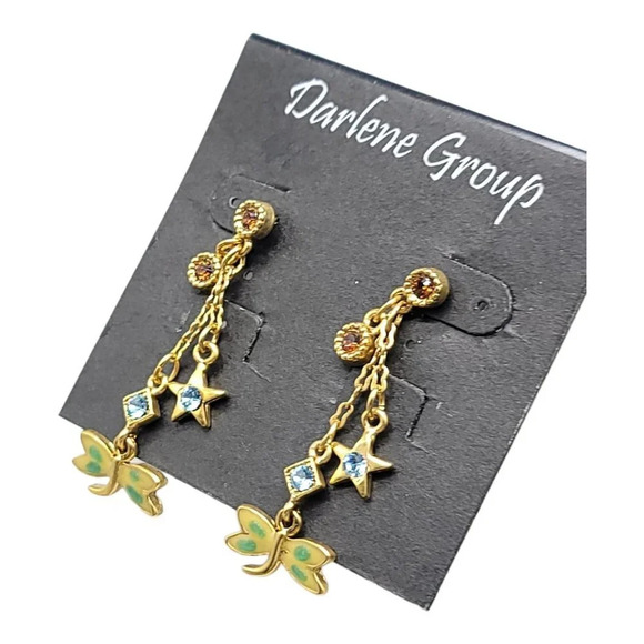 Darlene Group Gold Toned Post Dangle Earrings Enamel Dragonfly Star Rhinestone A - Picture 3 of 4